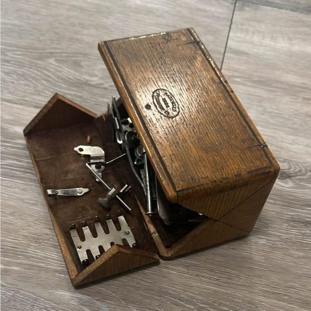 Antique wood sewing puzzle box with contents